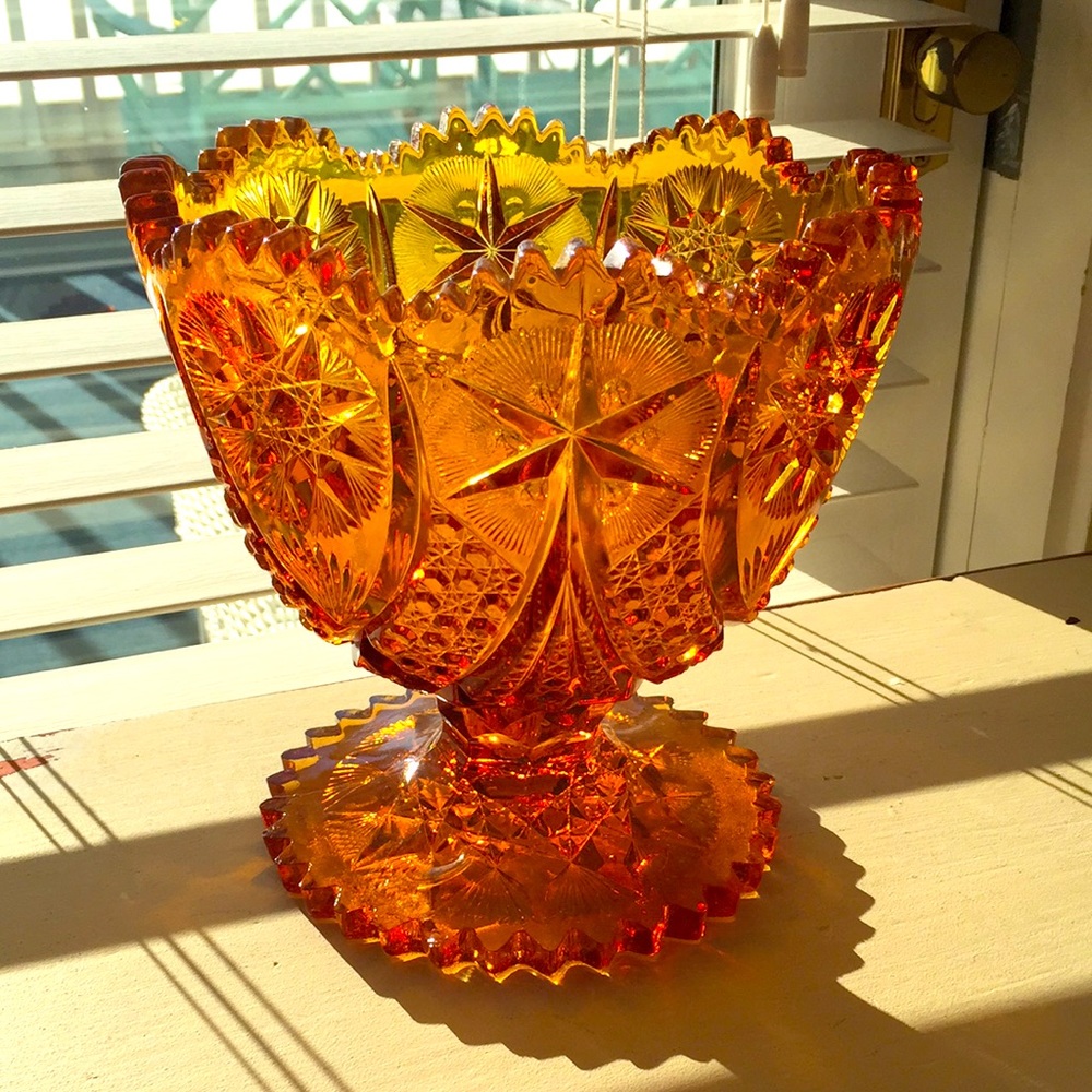 Cut Glass Amber Sawtooth Heavy Glass Compote
